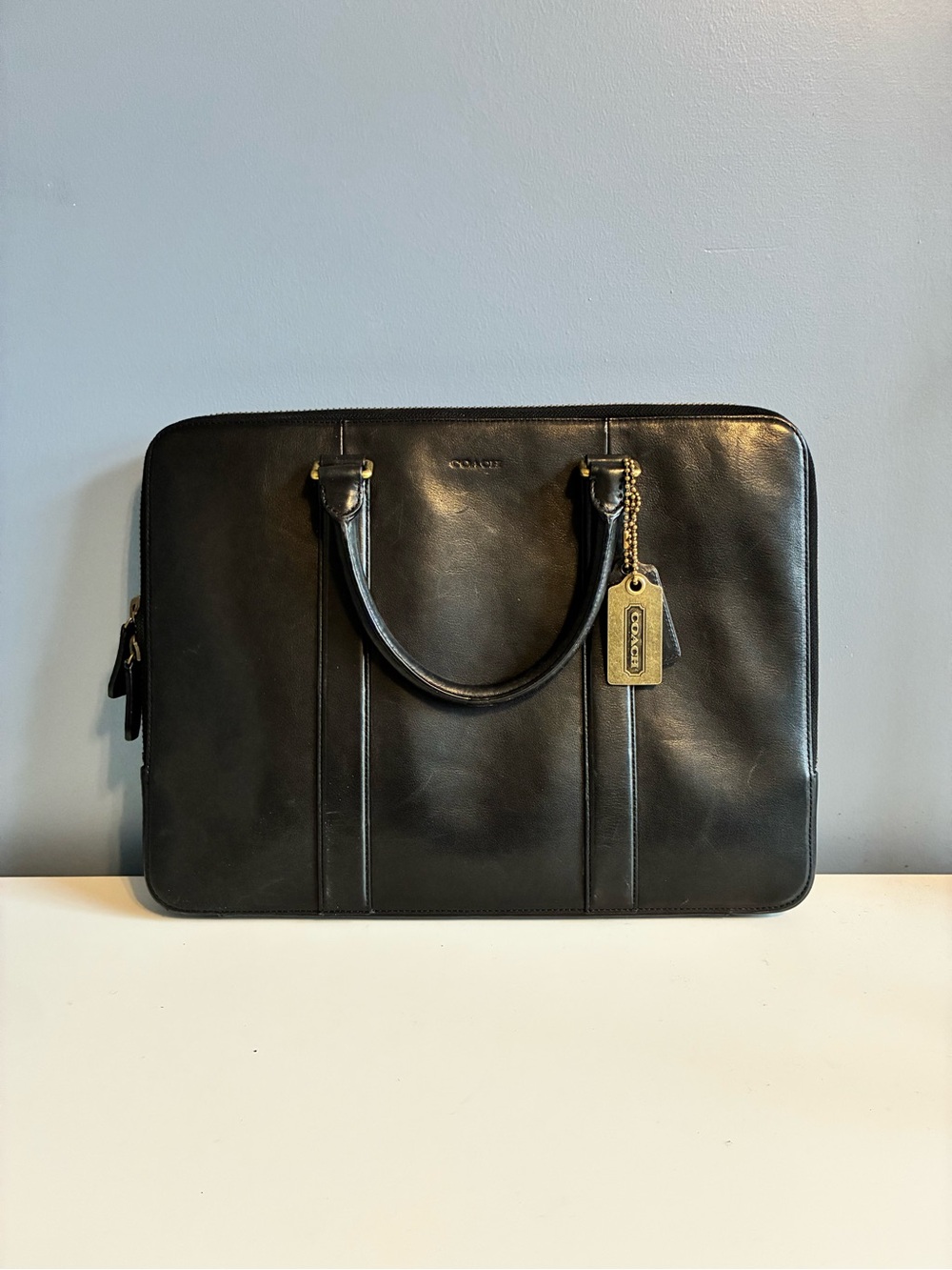 Coach Black Leather Laptop Briefcase with Gold-Tone Tag